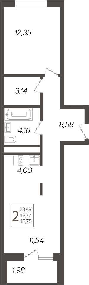 Продается 2-комн. квартира, 45.52 м²