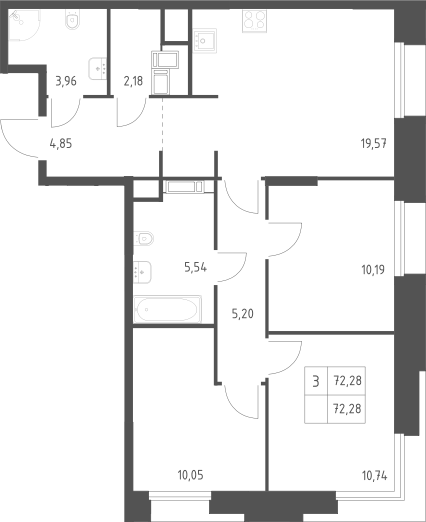 3-комн., 72.28 м², 3/23 этаж, ЖК «Тропарево Парк»