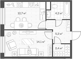 1-комн., 38.6 м², 2/12 этаж, ЖК «Аристов Берег»