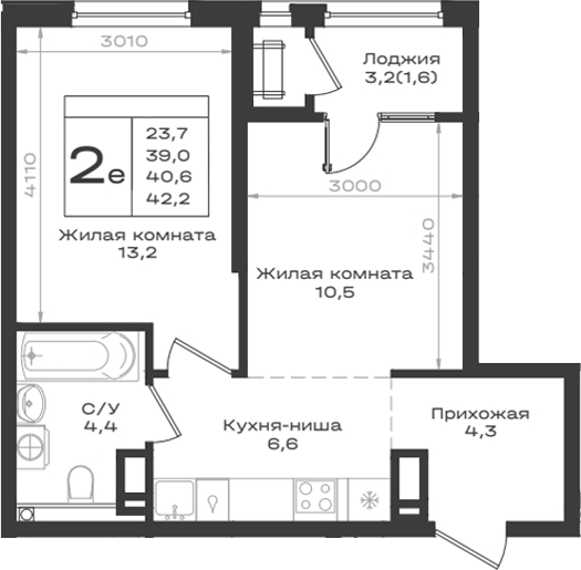 2-комн., 39 м², 13/14 этаж, ЖК «Нагория»