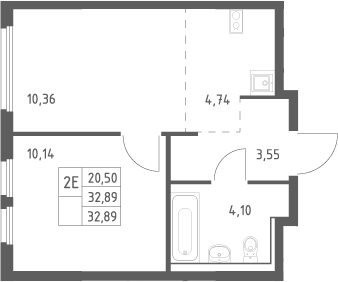 2-комн., 32.89 м², 3/17 этаж, ЖК «Пригород Лесное»