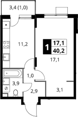1-комн., 39.2 м², 8/17 этаж, ЖК «1-й Шереметьевский»