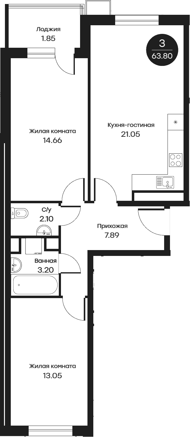 3-комн., 61.75 м², 4/4 этаж, ЖК «Равновесие»