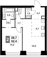 2-комн., 52.4 м², 2/47 этаж, ЖК «Амбер Сити»