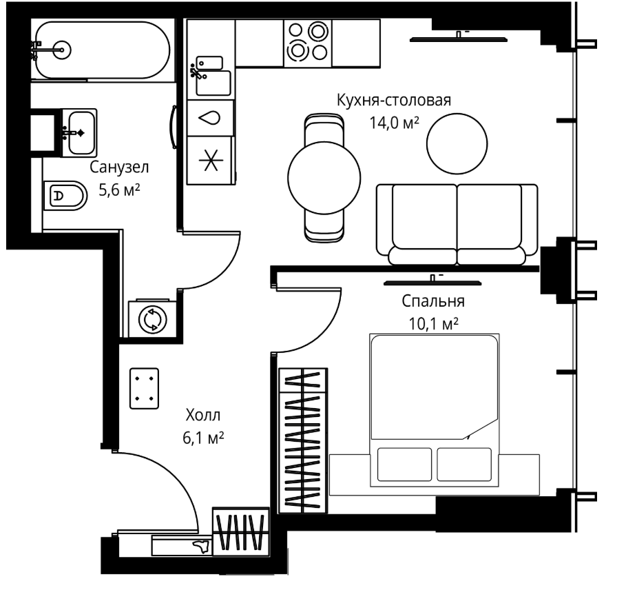 2-комн., 35.8 м², 36/59 этаж, ЖК «Веер»