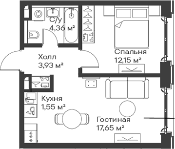 2-комн., 39.64 м², 5/15 этаж, ЖК «Сити Бэй»