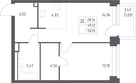 2-комн., 49.12 м², 12/32 этаж, ЖК «НОВА»
