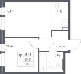 2-комн., 38.27 м², 5/13 этаж, ЖК «Квартал Авиаторов»