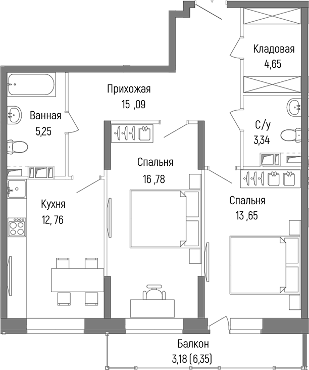 2-комн., 71.52 м², 4/9 этаж, ЖК «Рига Хиллс»