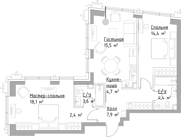 3-комн., 71 м², 44/45 этаж, ЖК «Левел Павелецкая Сити»
