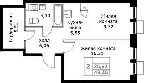 2-комн., 48.35 м², 22/25 этаж, ЖК «КИТ»