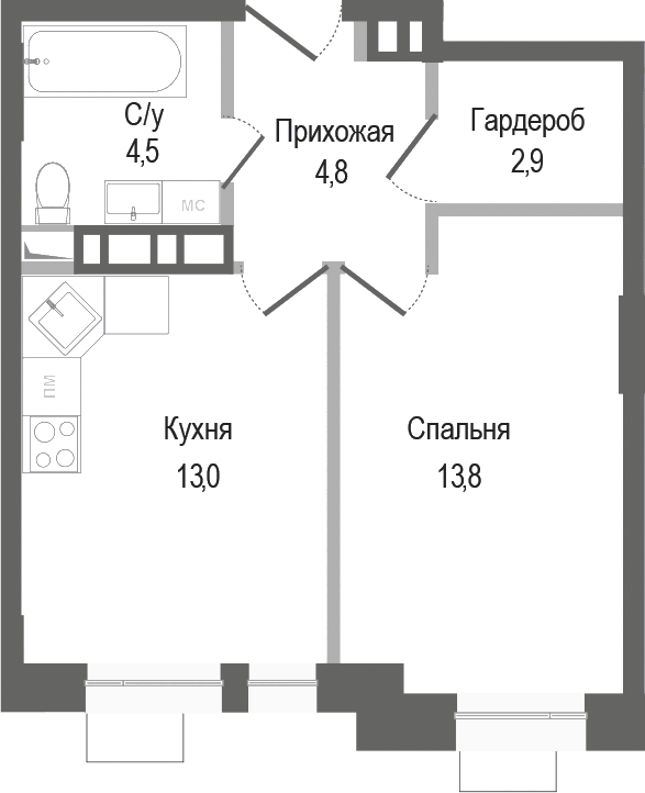 1-комн., 39 м², 3/8 этаж, ЖК «Киноквартал»