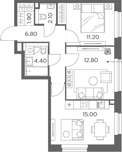 2-комн., 54.2 м², 21/23 этаж, ЖК «Белый Град»