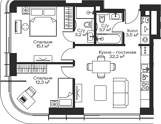 3-комн., 58.1 м², 7/54 этаж, ЖК «Сити Бэй»