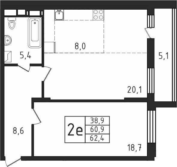2-комн., 60.87 м², 5/9 этаж, ЖК «Пироговская ривьера. Мытищи»