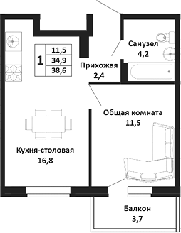2-комн. квартира, 34.9 м² в ЖК Южные Соседи — фото 2