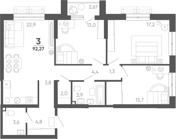 3-комн. квартира, 90.6 м² в ЖК Барса — фото 2
