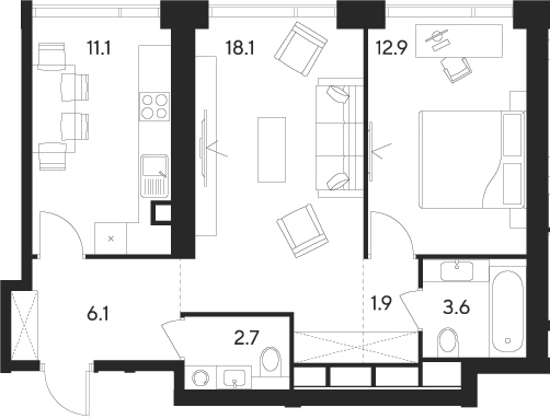 2-комн., 56.4 м², 15/55 этаж, ЖК «Инди Тауэрз от Аквилон»