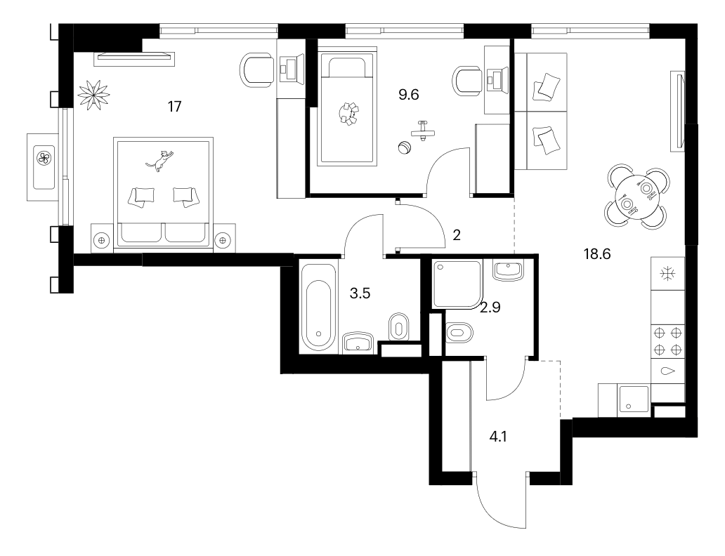 2-комн., 57.7 м², 8/17 этаж, ЖК «Белая Дача парк»