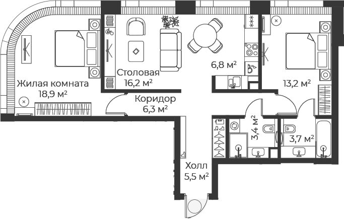 3-комн., 74 м², 3/25 этаж, ЖК «Веер»