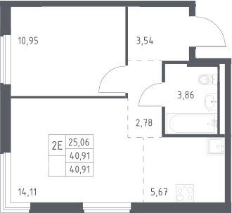 2-комн., 40.91 м², 9/17 этаж, ЖК «Мытищи Парк»