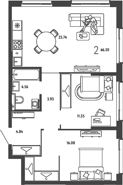 2-комн., 66.5 м², 14/25 этаж, ЖК «Страна.Парковая»