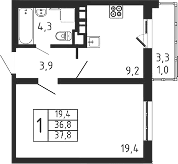 1-комн., 36.8 м², 9/9 этаж, ЖК «Пироговская ривьера. Мытищи»