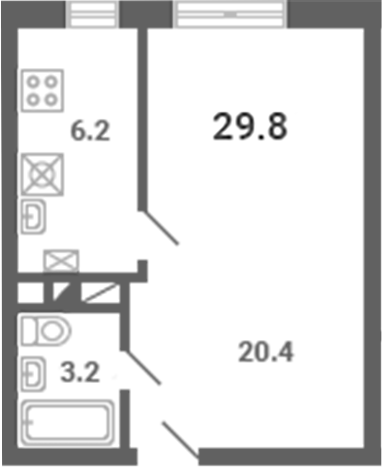 1-комн., 29.8 м², 1/4 этаж, ЖК «Южная Долина»
