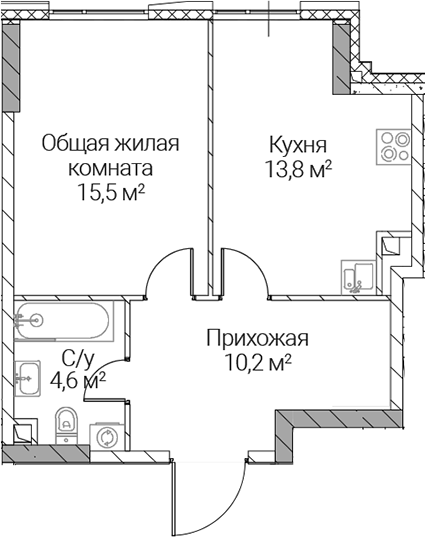 1-комн., 44.1 м², 13/36 этаж, ЖК «СЕЗАР СИЛИКА»
