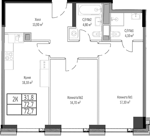 2-комн., 72.7 м², 27/35 этаж, ЖК «Мираполис»