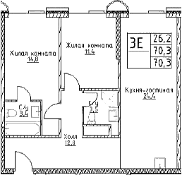 3-комн., 70.3 м², 27/29 этаж, ЖК «Наметкин Тауэр»