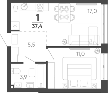 1-комн. квартира, 37.4 м² в ЖК Барса — фото 2