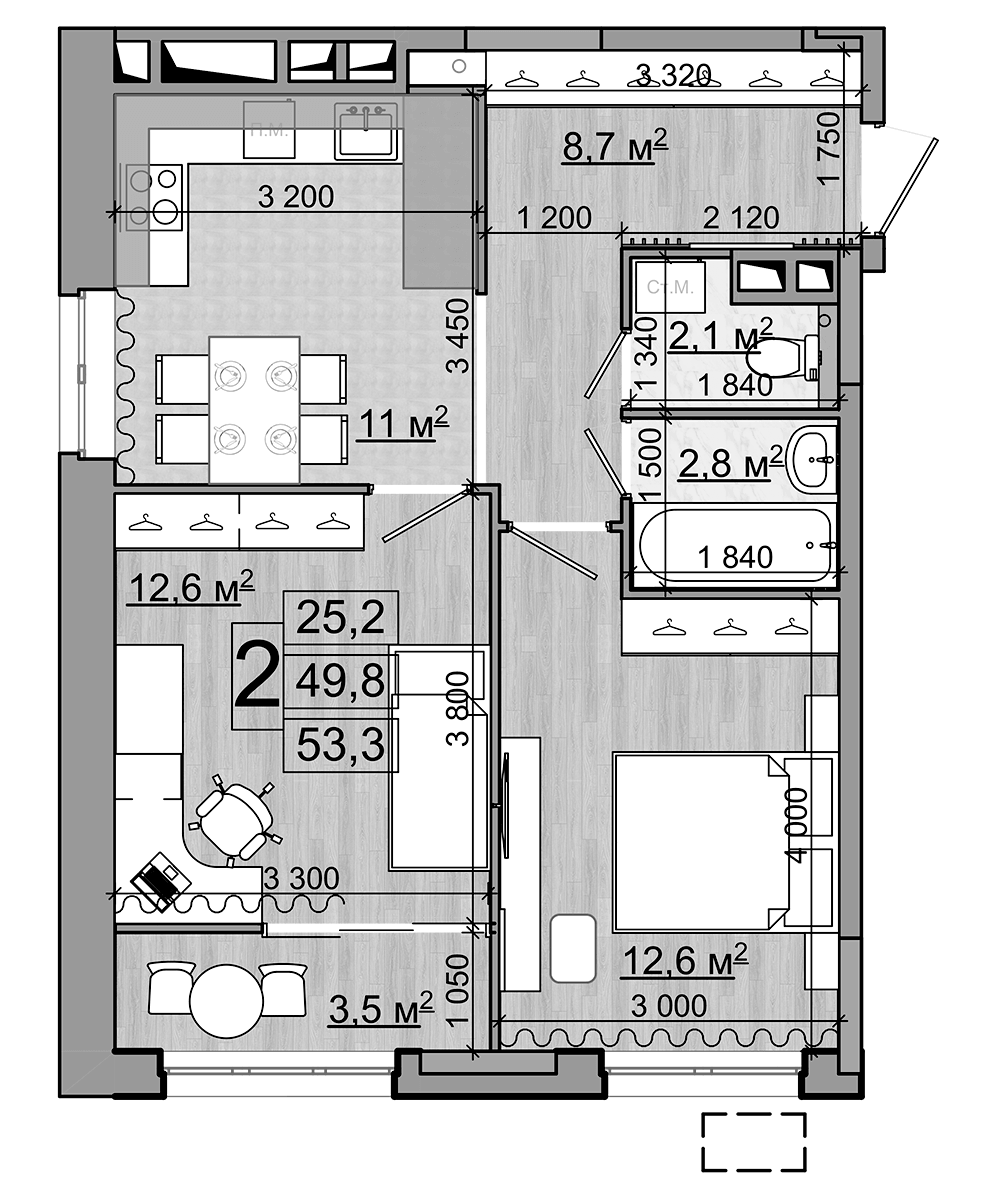 2-комн., 49.8 м², 16/18 этаж, ЖК «Гранд Комфорт»