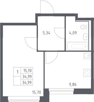 1-комн., 34.99 м², 8/17 этаж, ЖК «Прибрежный Парк»