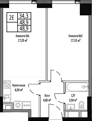2-комн., 48.9 м², 18/35 этаж, ЖК «Мираполис»