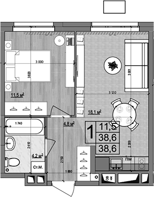 2-комн., 38.6 м², 3/18 этаж, ЖК «Гранд Комфорт»