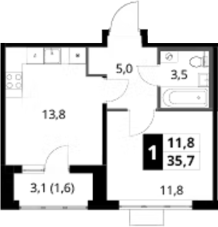 1-комн., 34.1 м², 14/16 этаж, ЖК «1-й Шереметьевский»