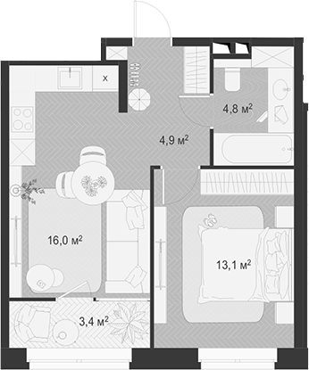 2-комн., 38.8 м², 16/18 этаж, ЖК «Гранд Комфорт»