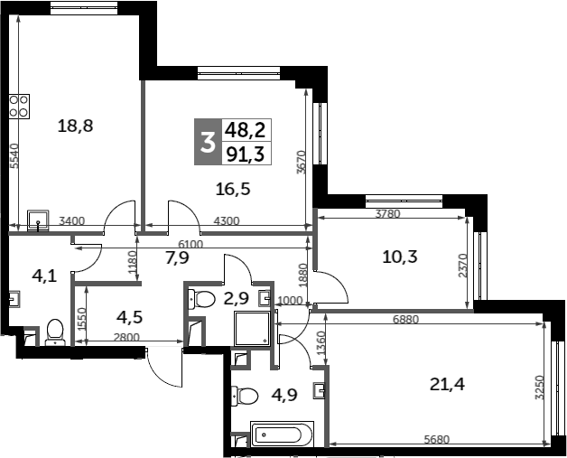 3-комн., 91.3 м², 36/44 этаж, ЖК «Сидней Сити»