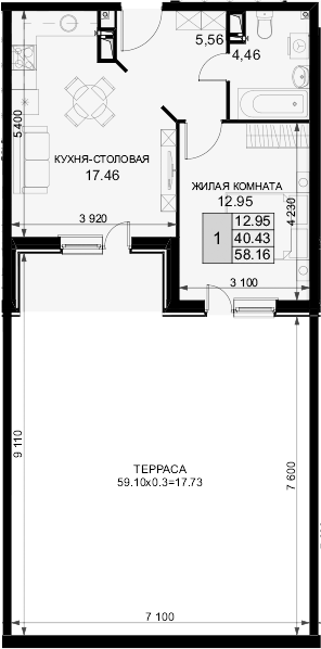 1-комн. квартира, 40.43 м² в ЖК Фонтаны — фото 2