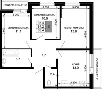 3-комн. квартира, 64.2 м² в ЖК Дыхание (АСК) — фото 2