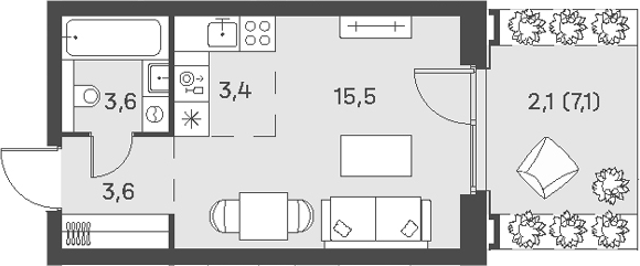Студия, 26.1 м², 2/21 этаж, ЖК «Портленд»