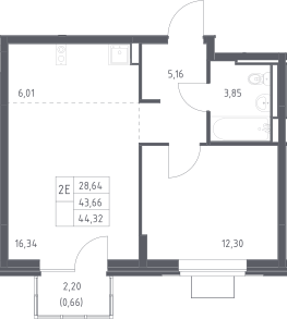 2-комн., 43.66 м², 10/12 этаж, ЖК «Богдановский лес»