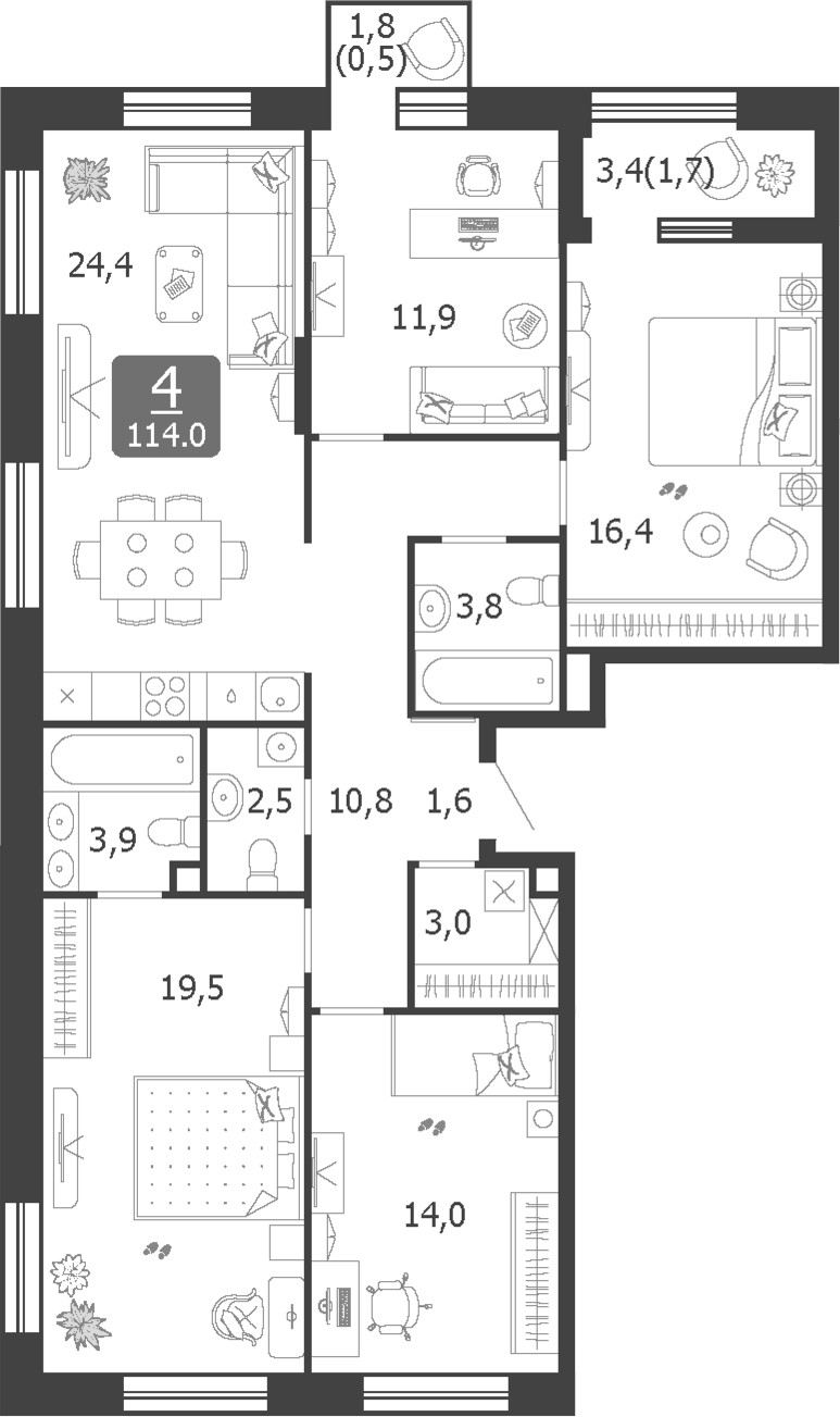 4+ комнаты, 111.8 м², 19/19 этаж, ЖК «Шагал»