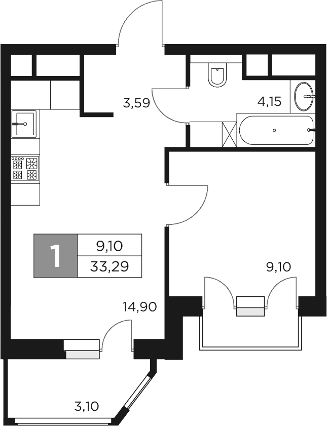 1-комн., 31.74 м², 17/17 этаж, ЖК «Восток 2»