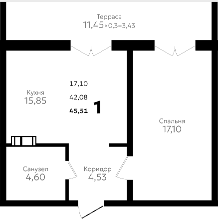 Продается 1-комн. квартира, 42.08 м²