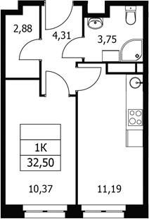 1-комн., 32.5 м², 11/21 этаж, ЖК «Волковская 67»