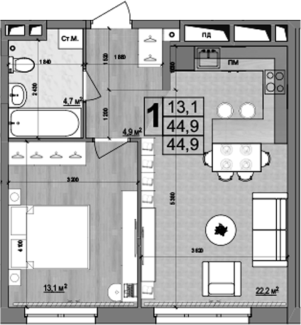 2-комн., 44.9 м², 3/18 этаж, ЖК «Гранд Комфорт»
