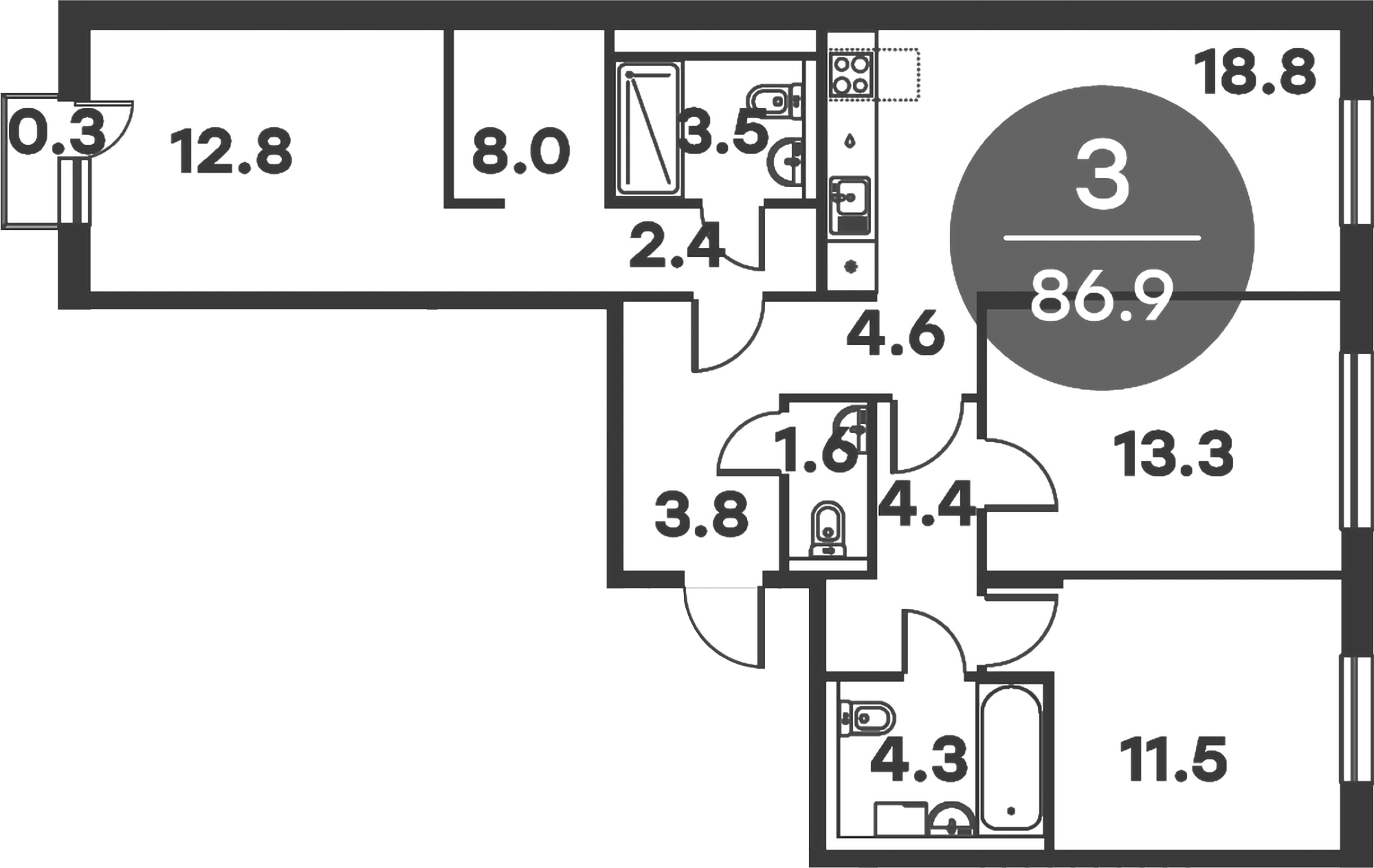 3-комн., 86.6 м², 2/6 этаж, ЖК «Равновесие»