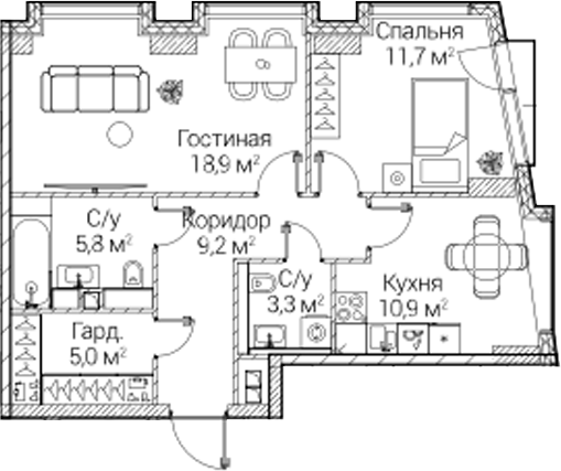 2-комн., 64.85 м², 14/41 этаж, ЖК «СЕЗАР БУДУЩЕЕ»